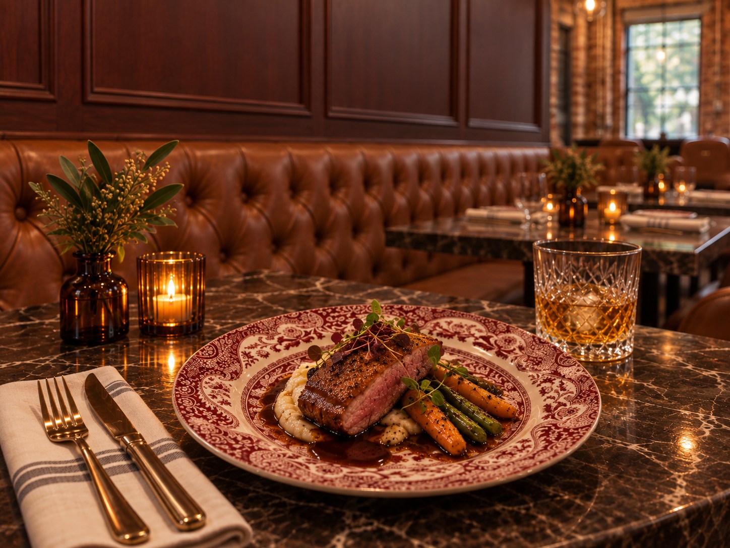A plated dinner on fine English china at a marble-topped table, with a whiskey and candlelight