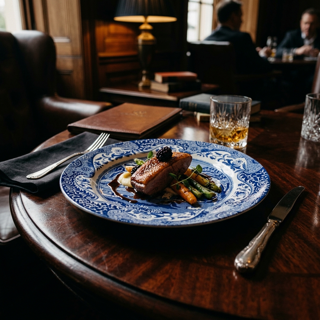 Gourmet food elegantly plated on fine blue and white English china atop a luxury wood table