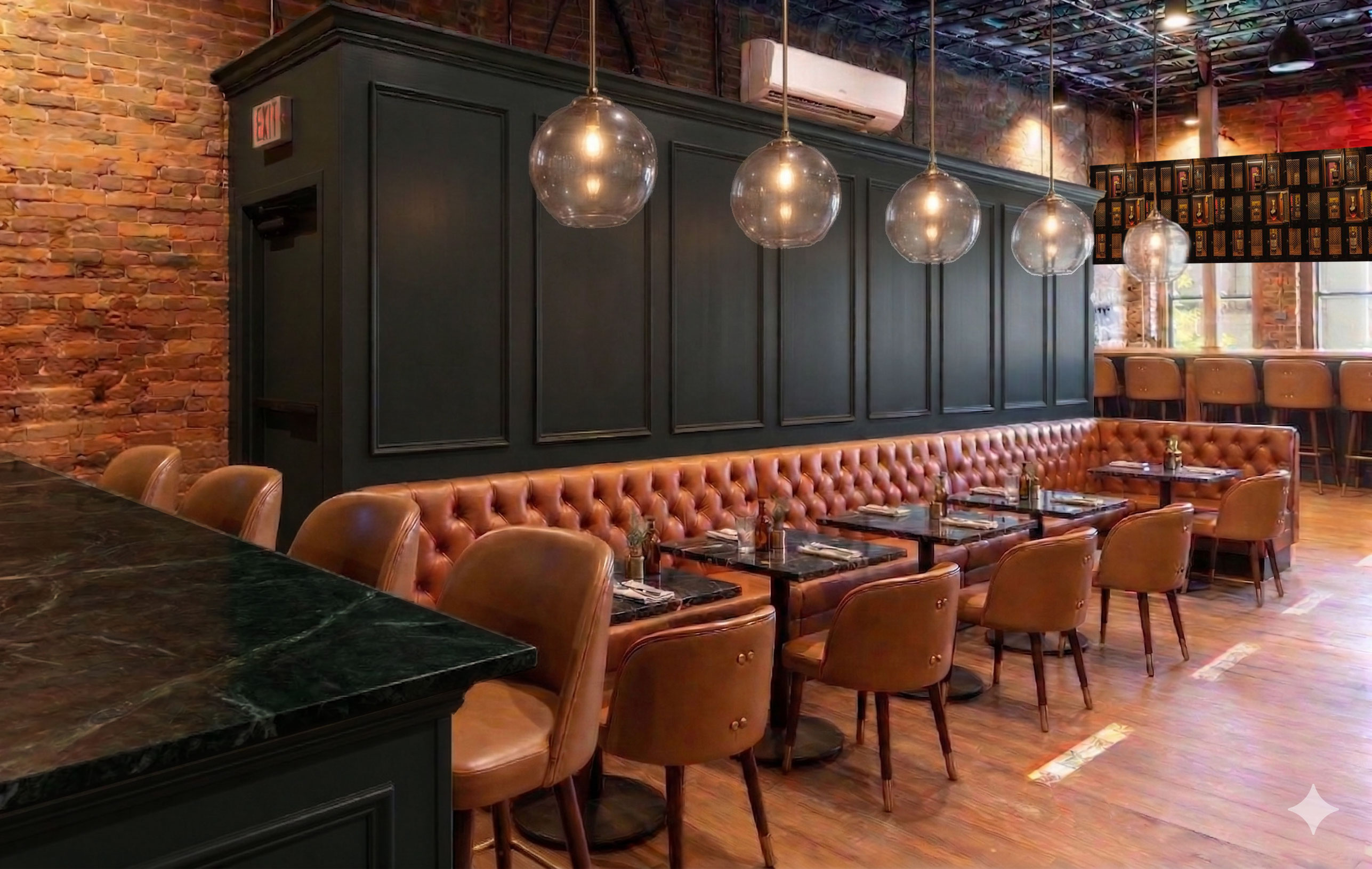 Upland Club bench seating after renovation — tailored elegance revealed