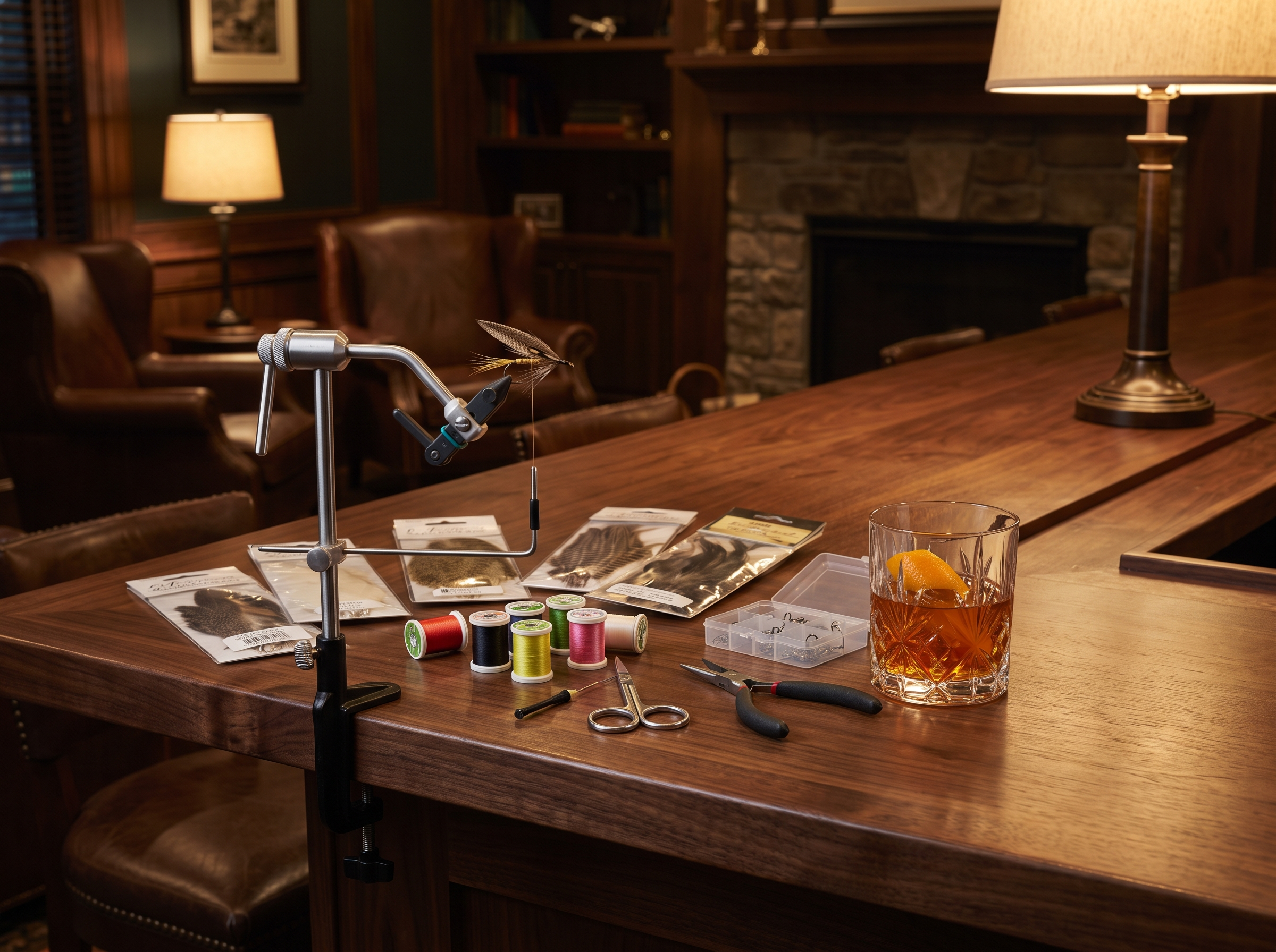 A fly-tying kit laid out on the bar at The Upland Club