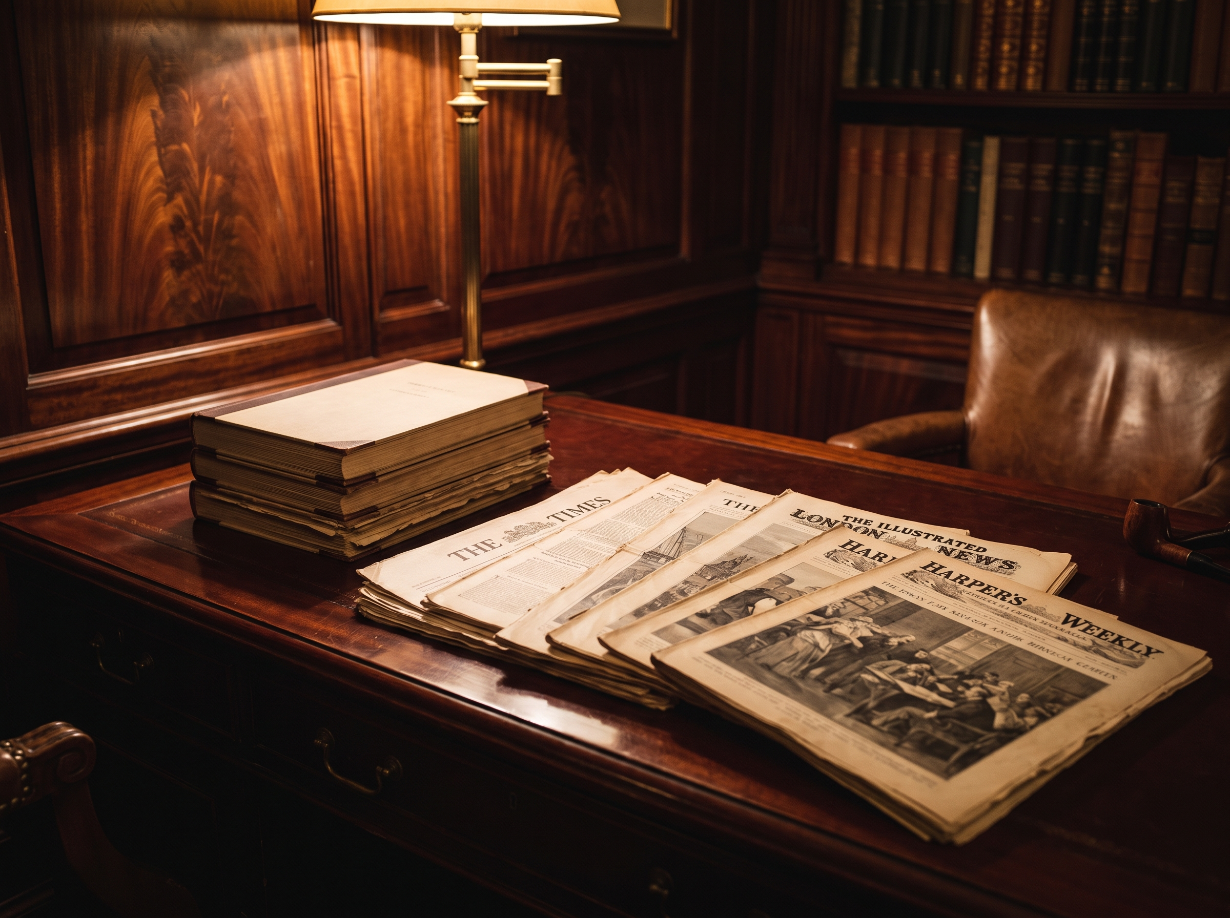 A collection of newspapers and periodicals against a mahogany wall at The Upland Club