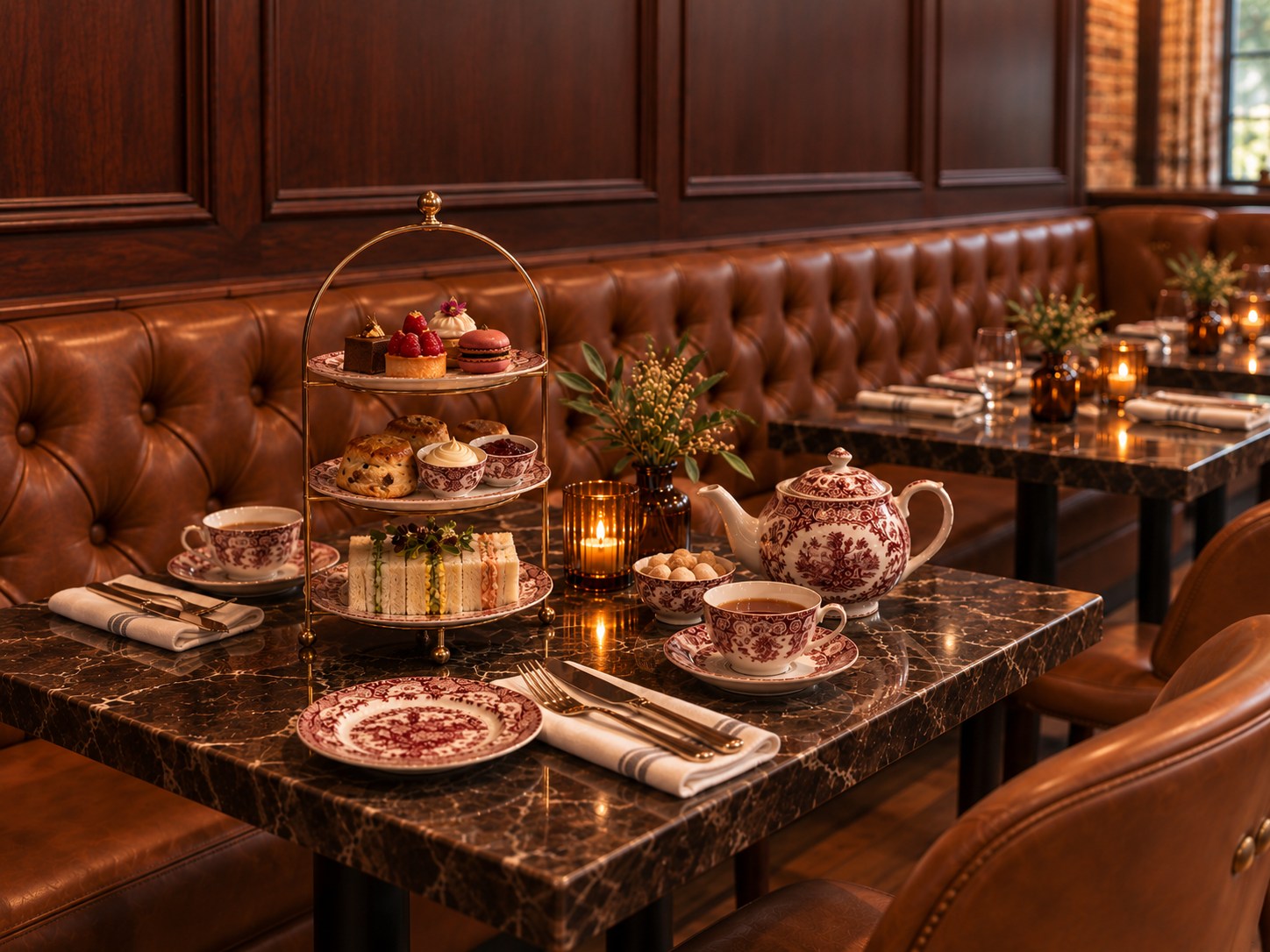 Afternoon tea service with a tiered stand of scones, sandwiches, and pastries on English china